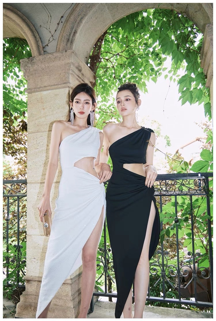 Summer Thin Side Waist Cut Long Dress (Black - S)