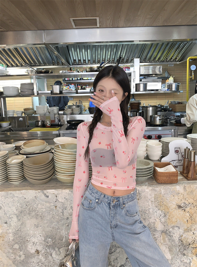 Pink Ribbons Thin Long Sleeve Mesh Crop Top Outerwear