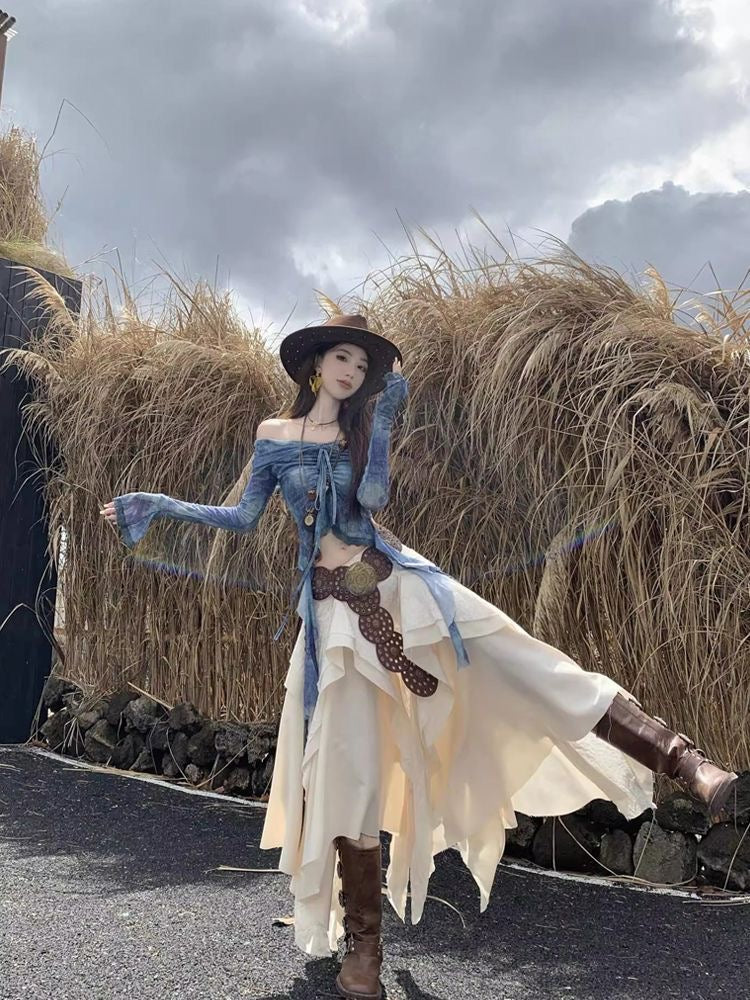 Creamy Unequal Mix Lace Long Skirt