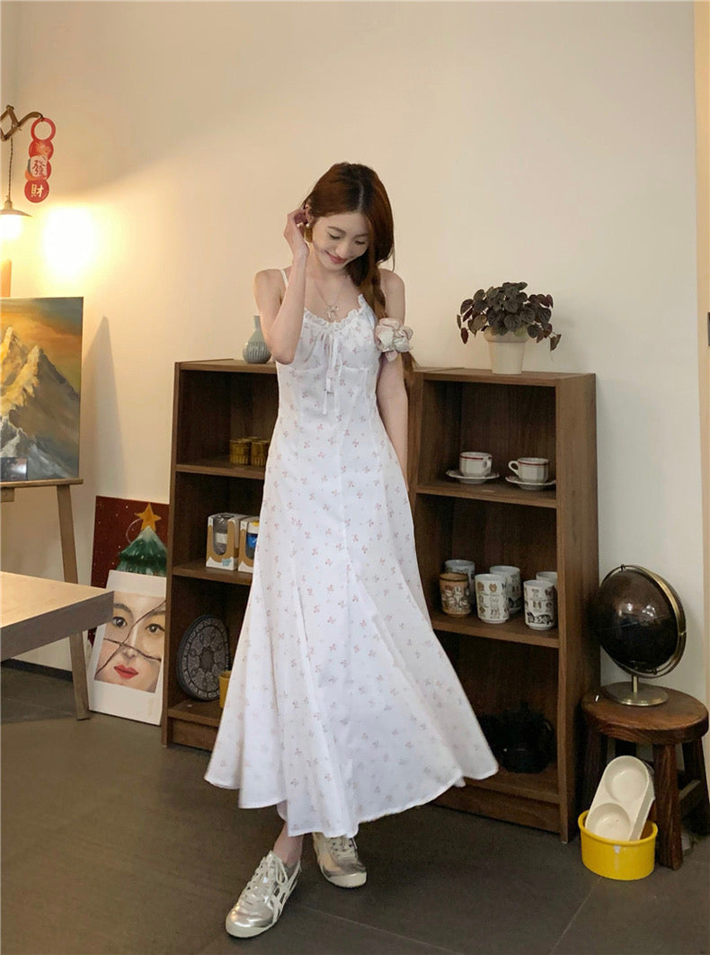 Pink Flower White Strap Long Dress (M)