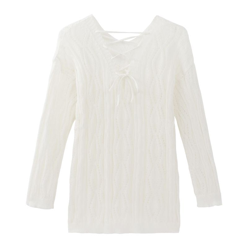 V Collar White Long Sleeve Knitted Top Outerwear