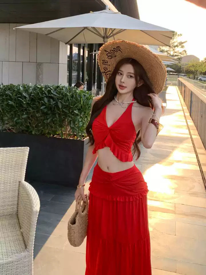 V Collar Top + Long Skirt Two Pieces Set