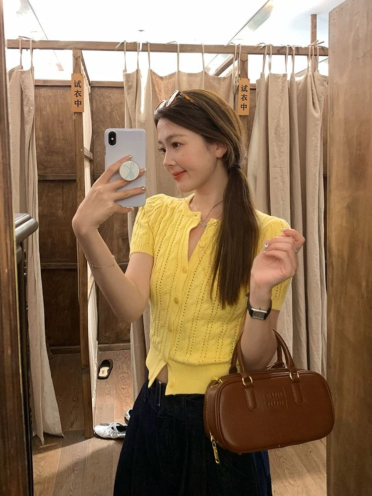 Yellow Knitted Short Sleeve Cardigan Top