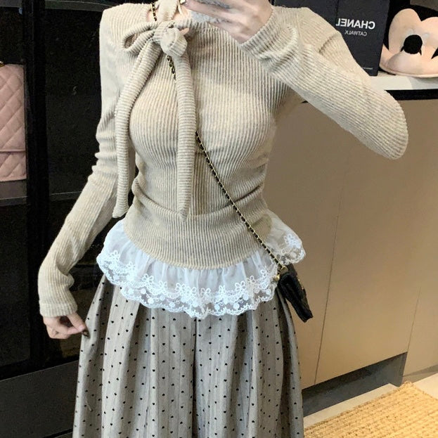 Tie Up Collar Grey Long Sleeve Top