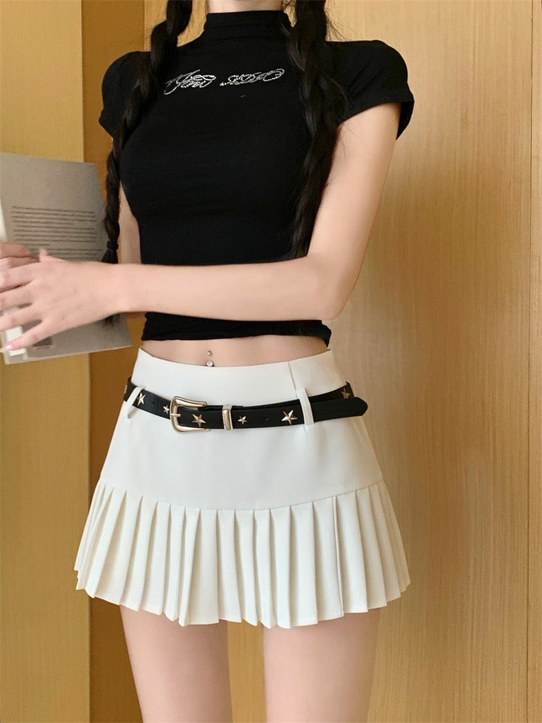 Middle Waist Pleated Skirt ( Grey-L)