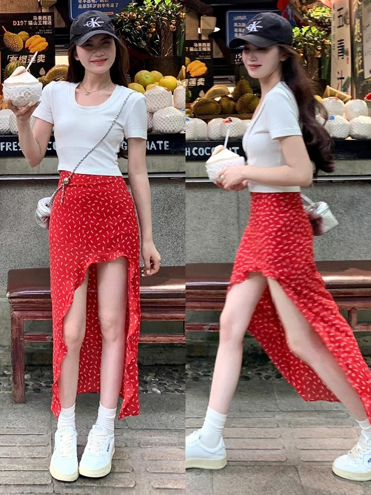 Lora Red Side Cut Long Skirt