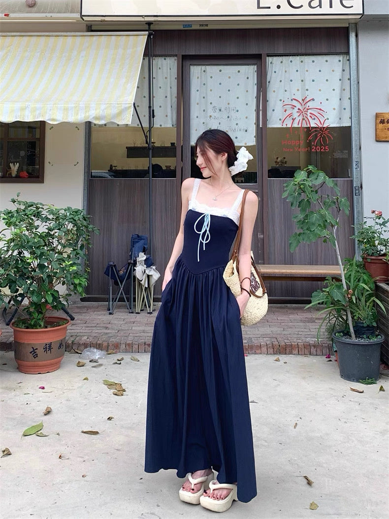 Laces Strap Navy Long Dress
