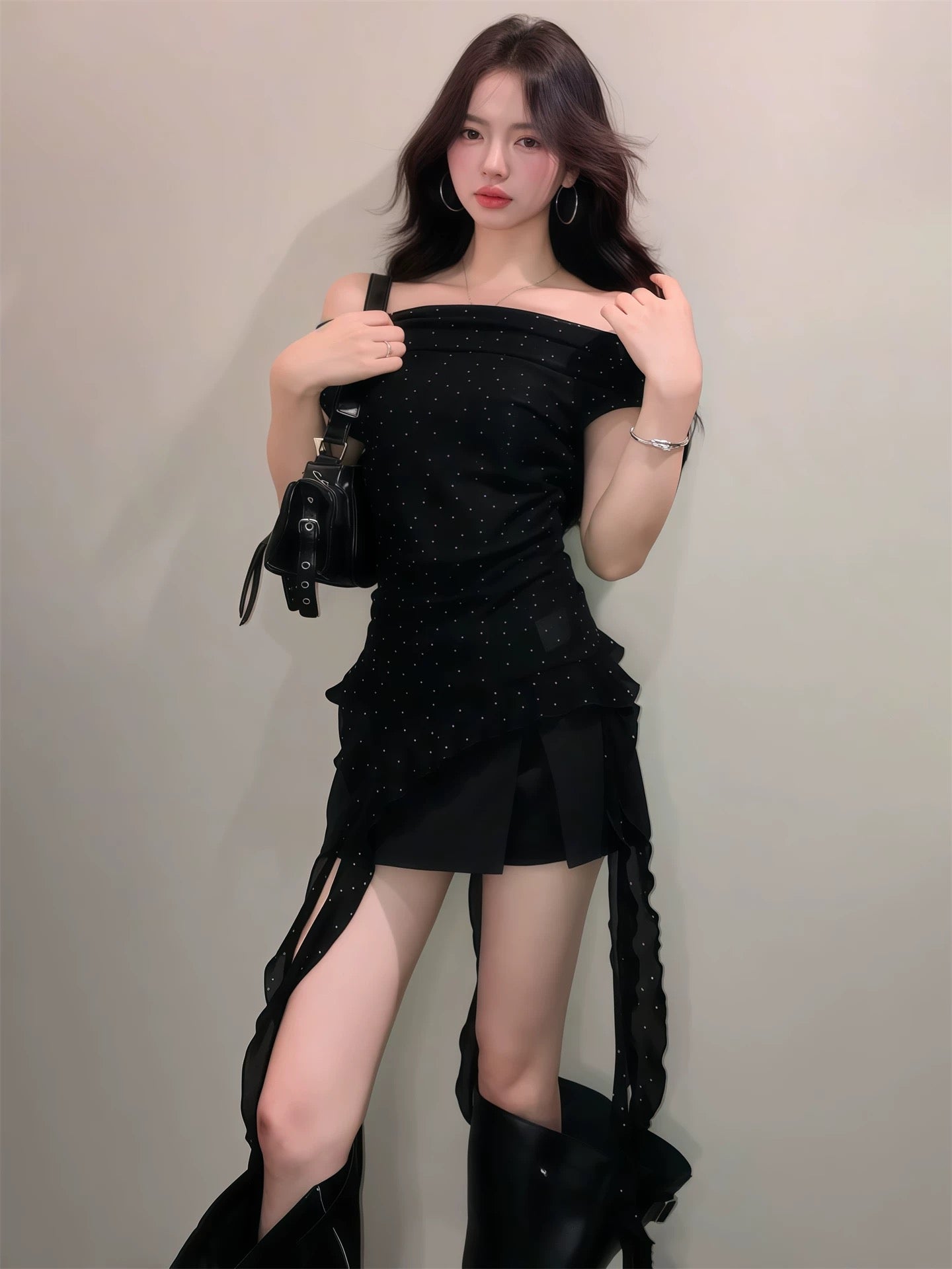 Mini Dot Off Shoulder Black Mesh Top