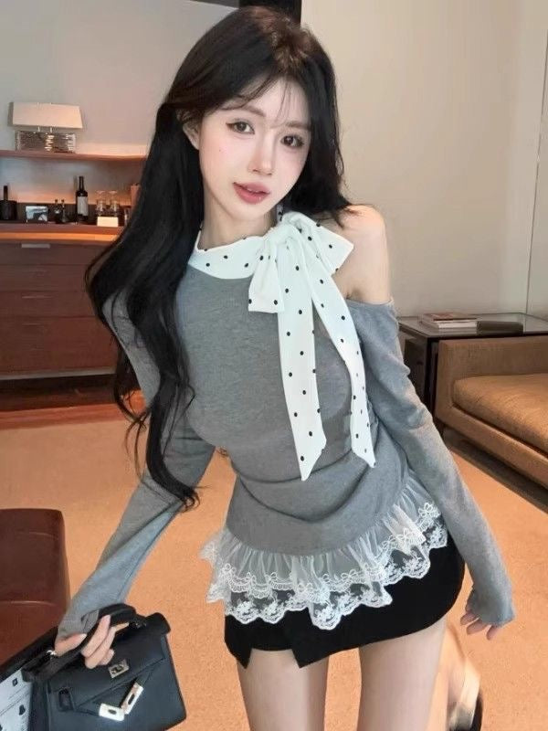 Polka Dots Off Size shoulder Long Sleeve Top