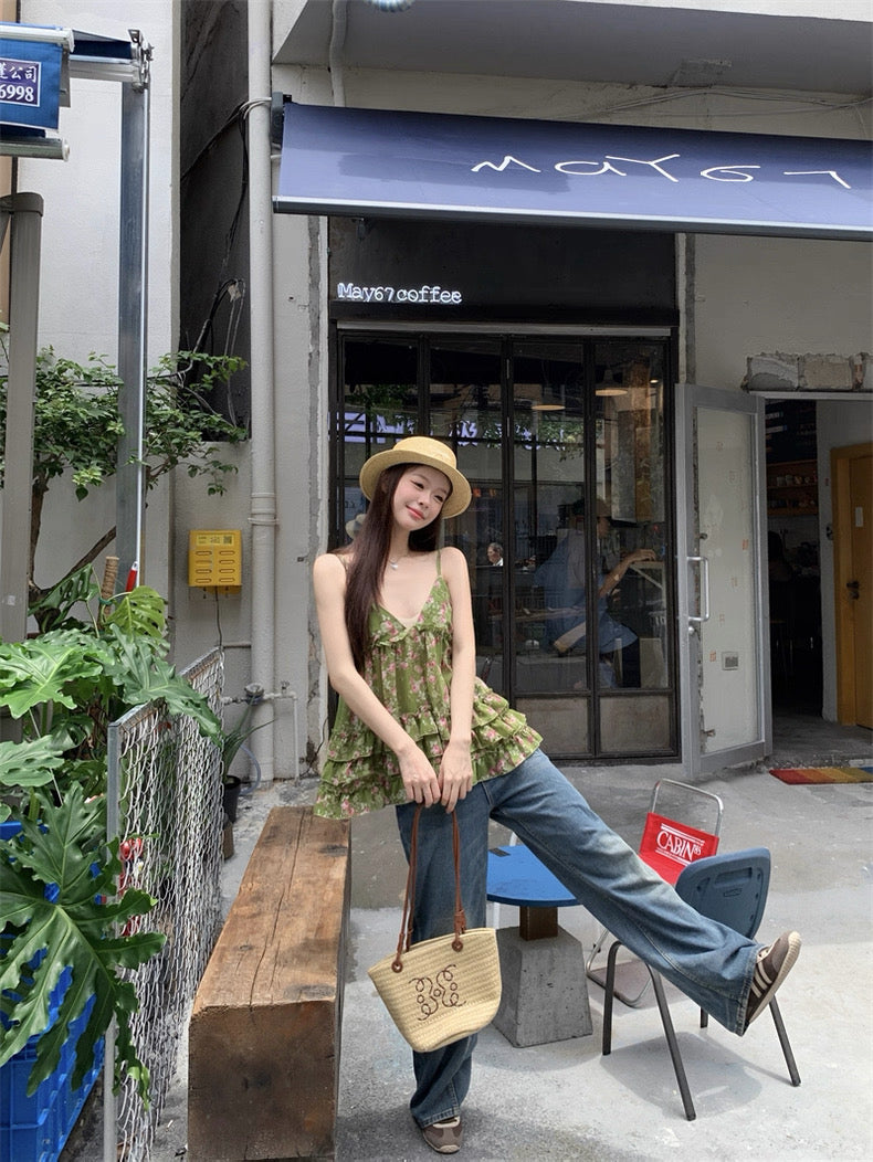 Green V Collar Chiffon Strap Floral Top