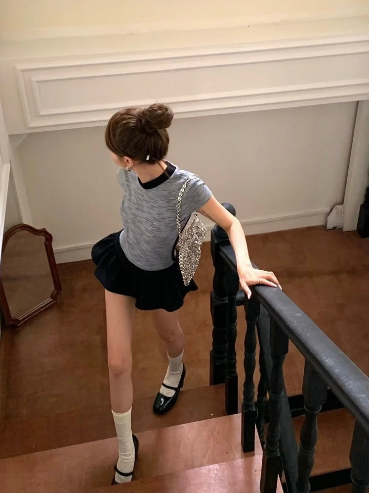 Bareback Grey Top + Low Waist Black Skort