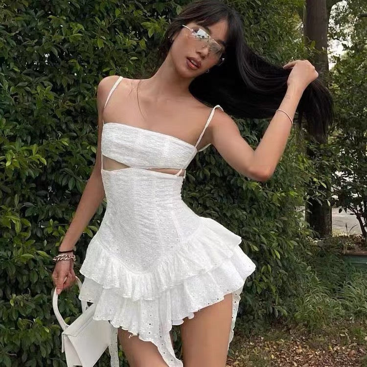 White Embroidery Waist Cut Short Dress (S)