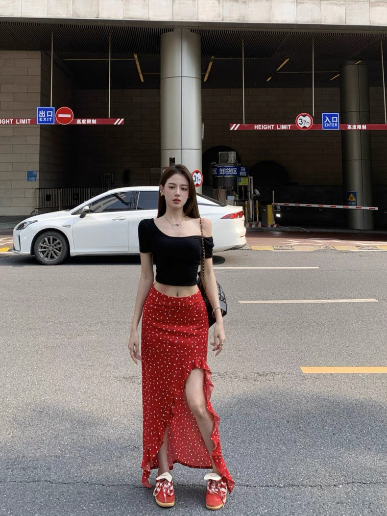 Lora Red Side Cut Long Skirt