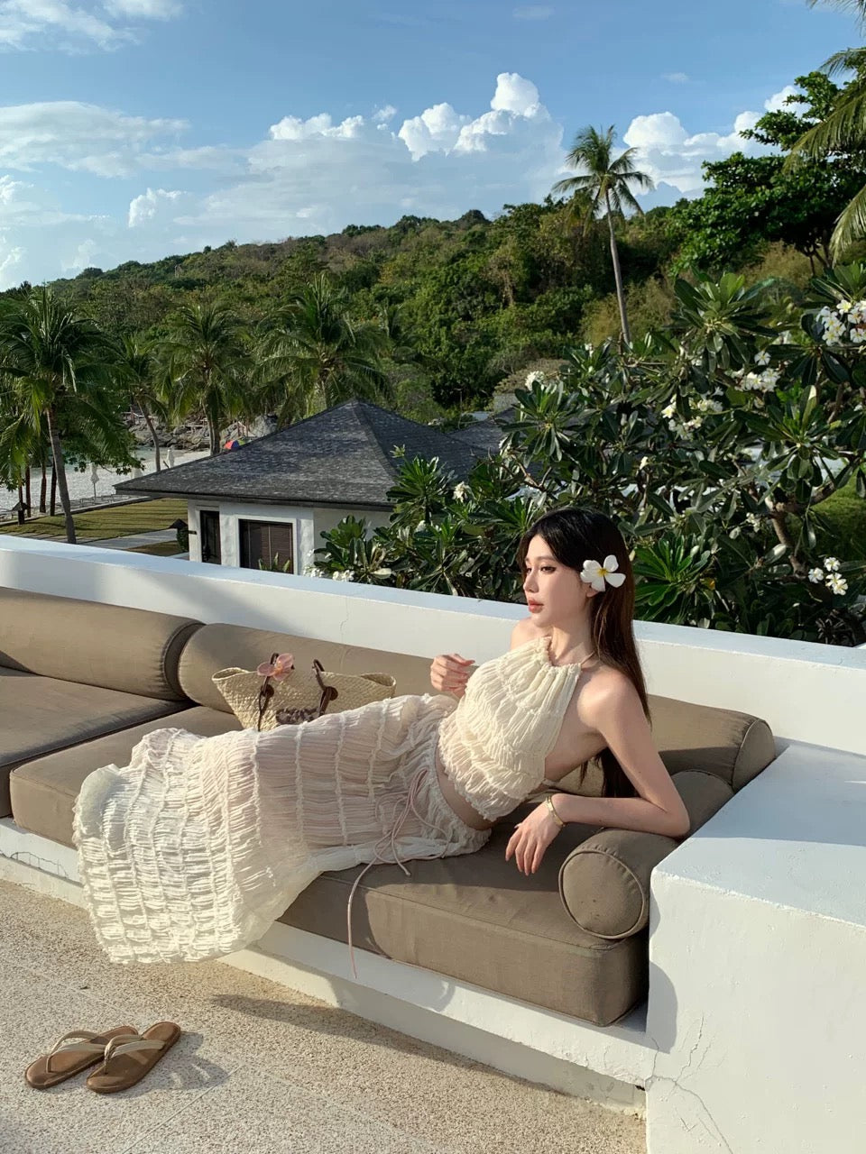 Layered Bareback Top + Long Skirt Two Pieces Set