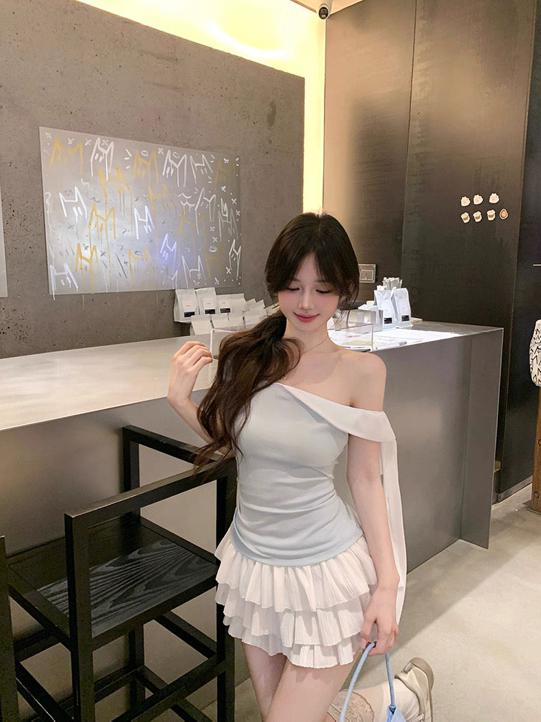 Baby Blue Off Side Shoulder Top