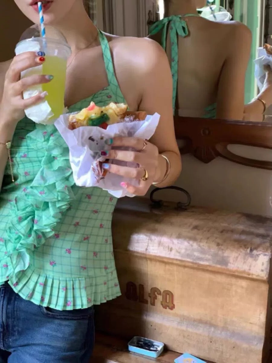 Pink Flo Ruffles Green Top