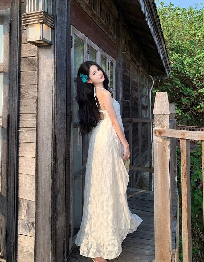 Floral Bareback Beige Tube Long Dress