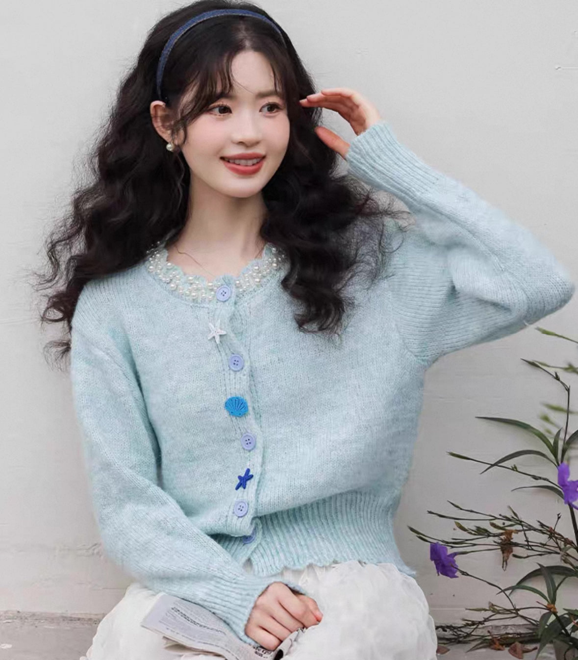 Blue Seashell Pearl Knitted Cardigan Top