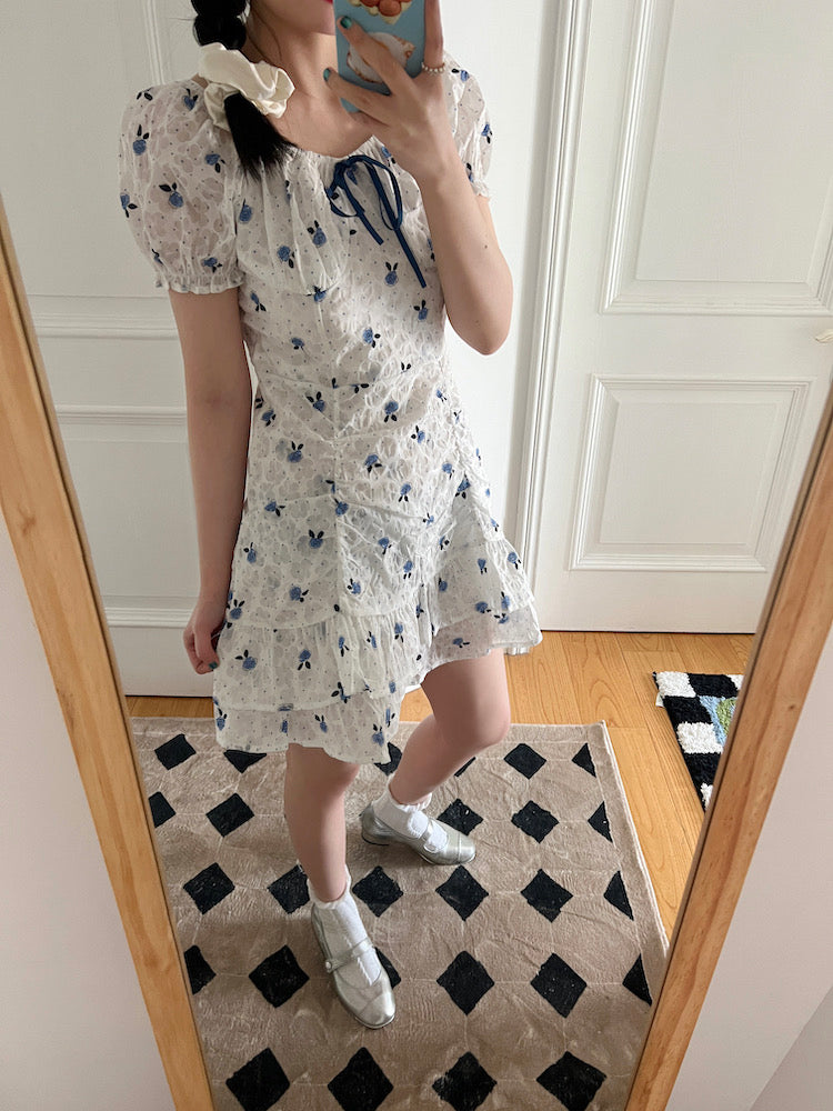 Blue Floral White Dress (S)
