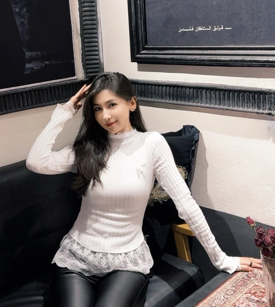 White Lace Long Sleeve Knitted Top