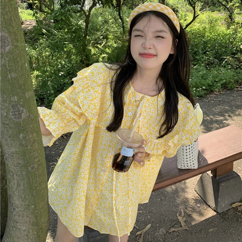 White Flower Dolly Yellow Long Top