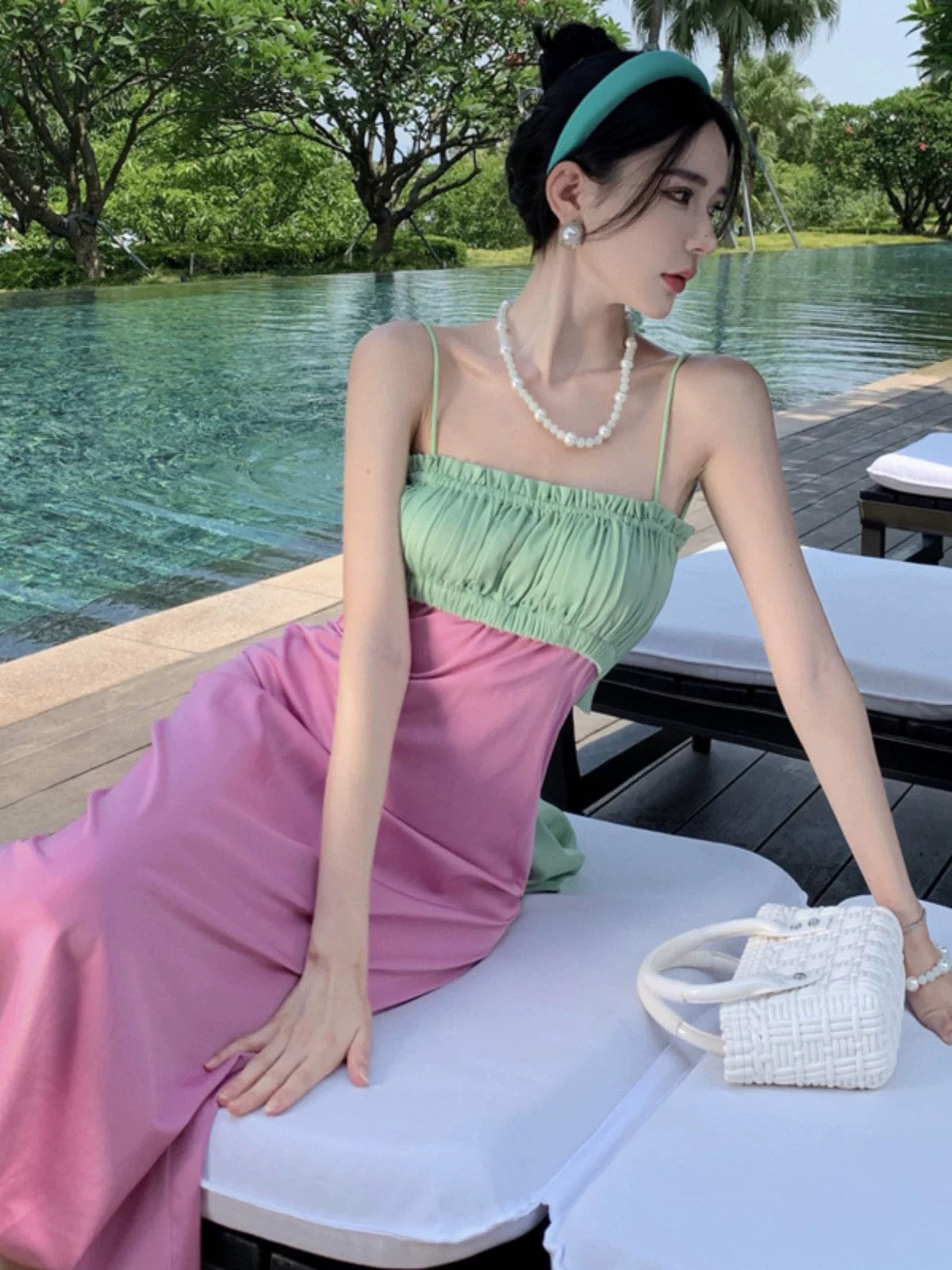 Green Mix Purple Satin Strap Dress (S, M)