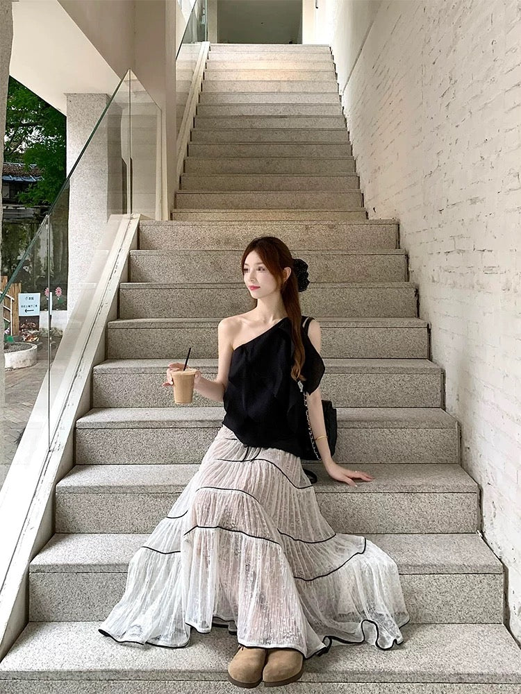 White Laces Black Ribbon Long Skirt SK31