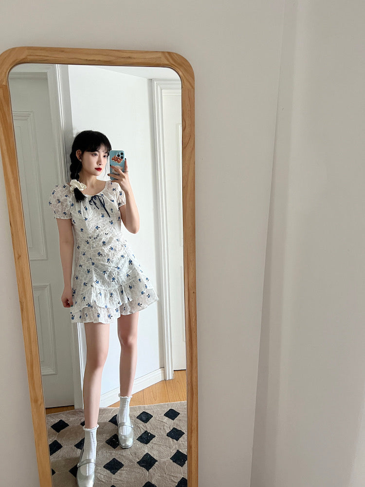 Blue Floral White Dress (S)