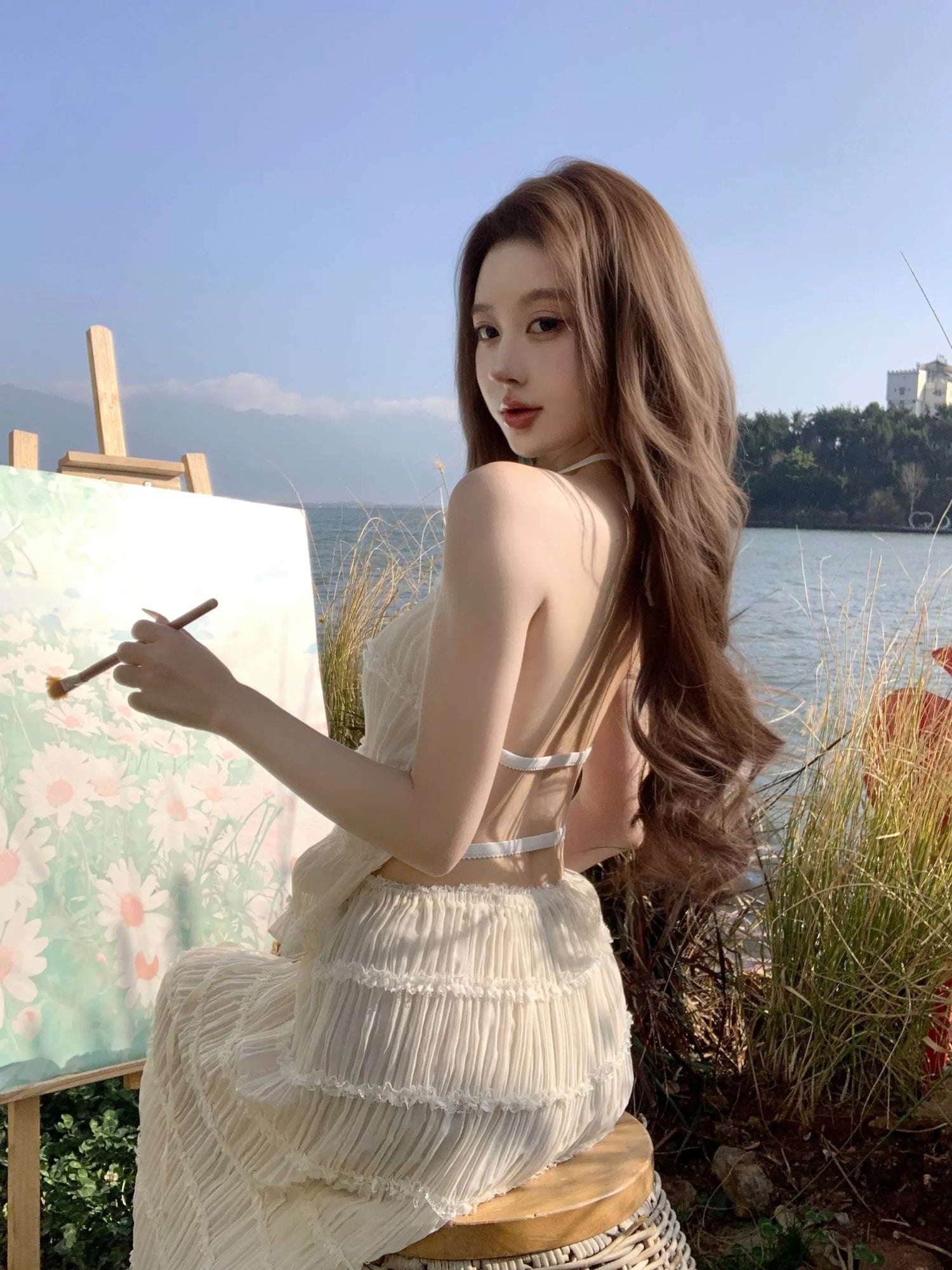 Layered Bareback Top + Long Skirt Two Pieces Set