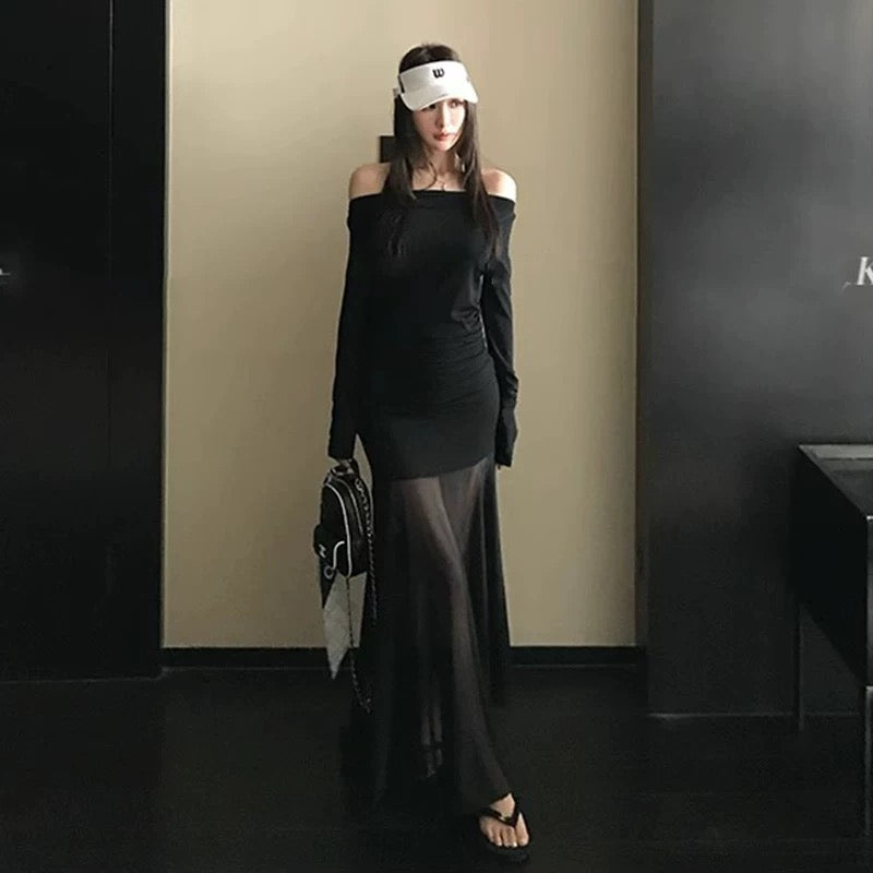 Off Shoulder Mix Mesh Long Sleeve Long Dress