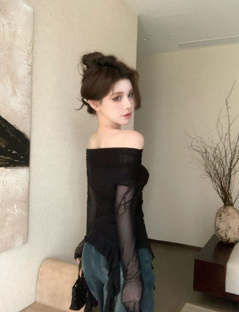 Off Shoulder Long Sleeve Brown Mesh Top