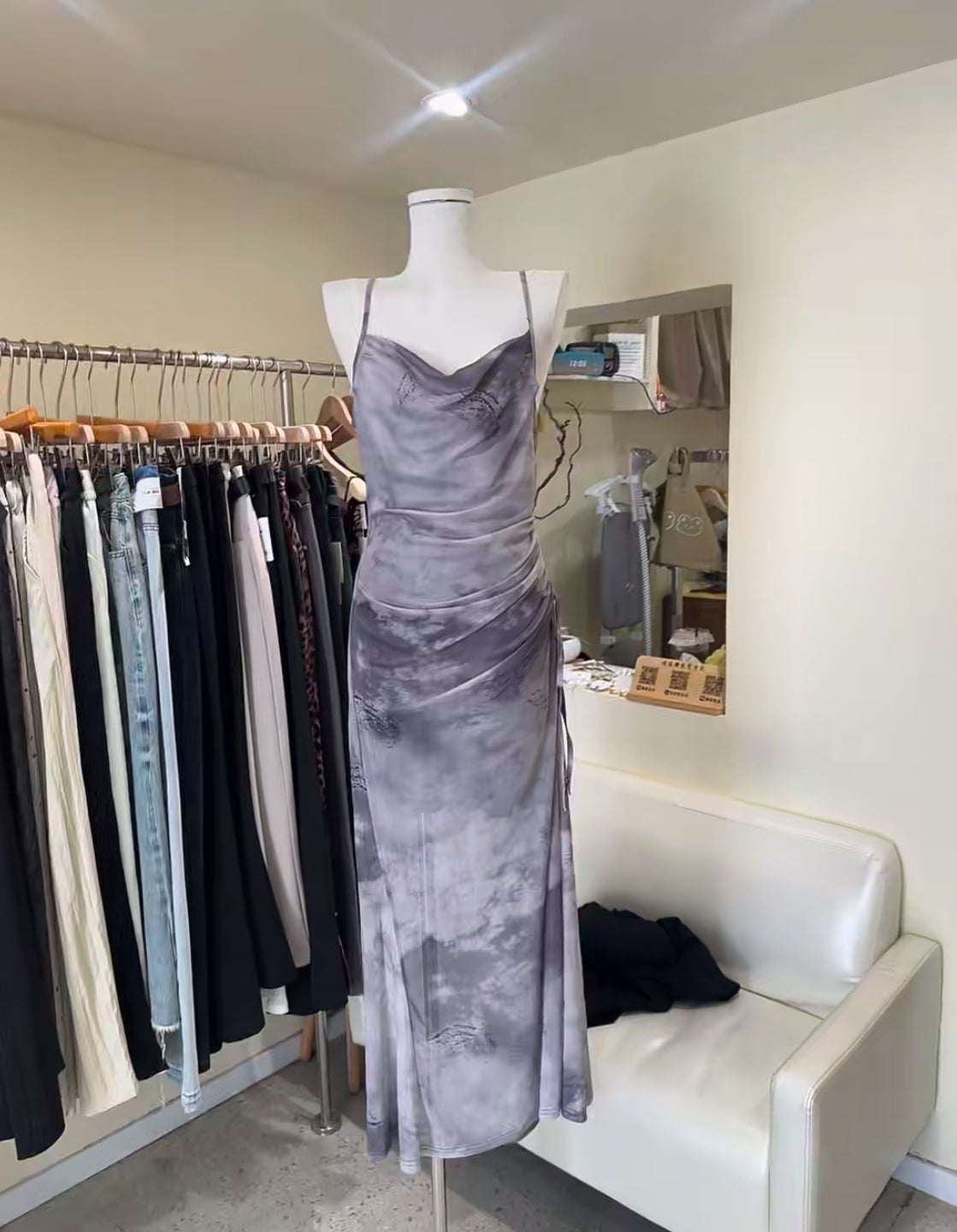 Mesh Side Tie Strap Long Dress (Pink, Blue, Grey)