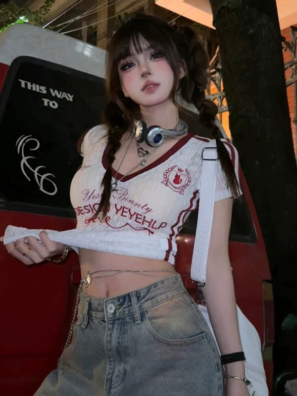 Red V Collar Laces Top