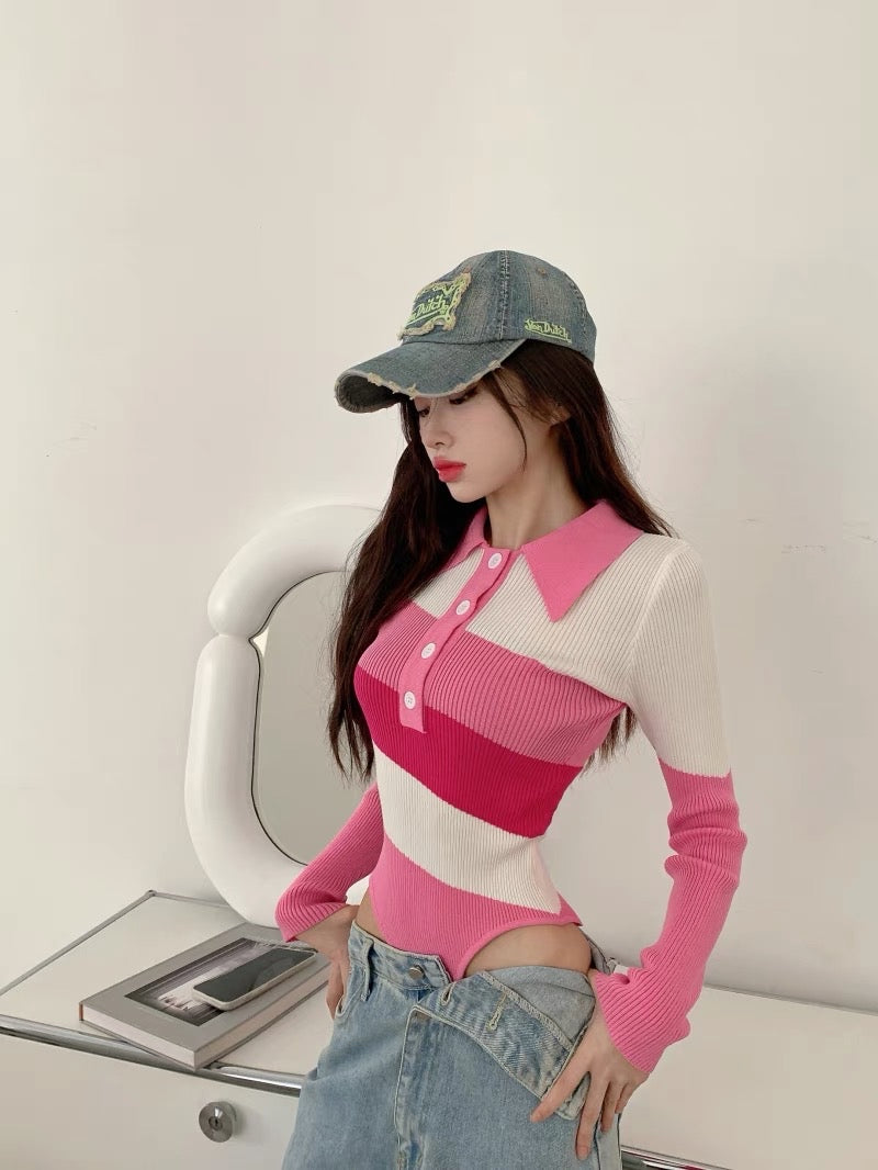 Low Waist Cut Pink Long Sleeve Top