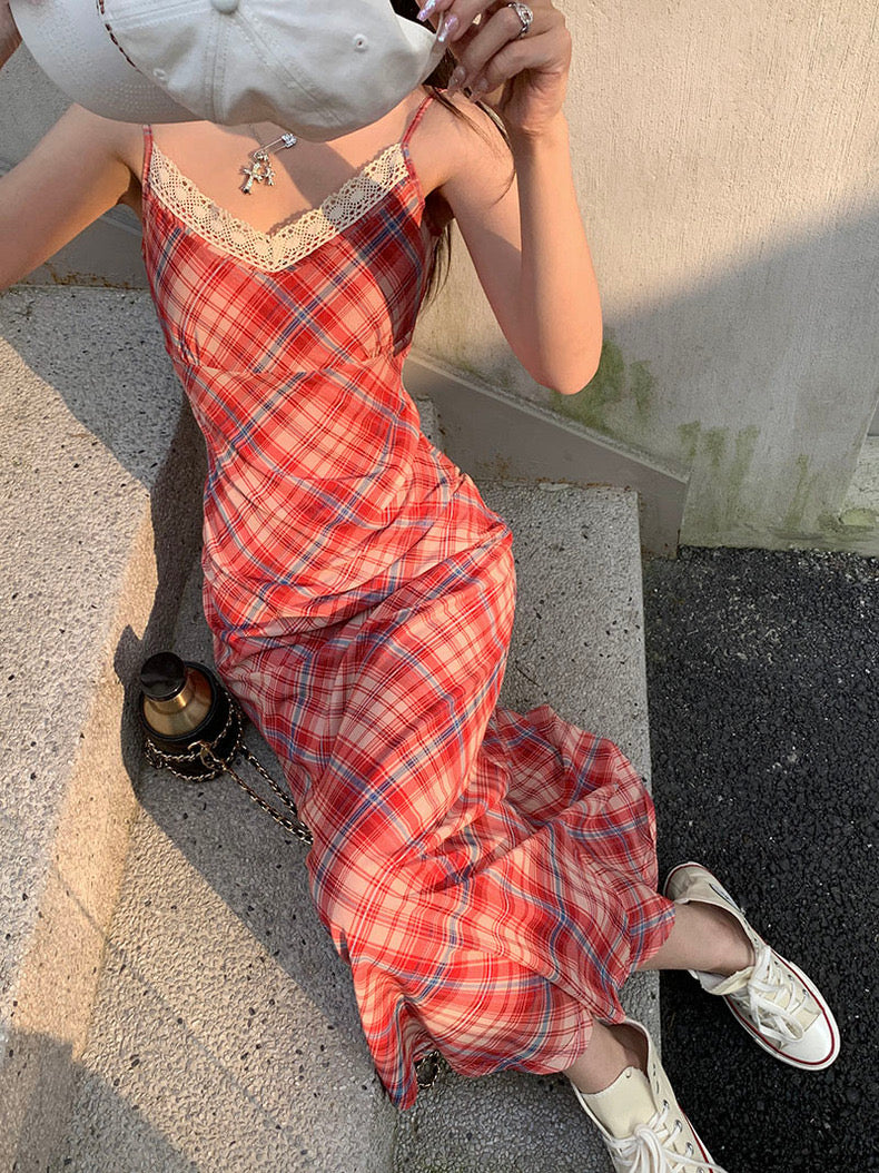 Red Grid Long Dress (XL)