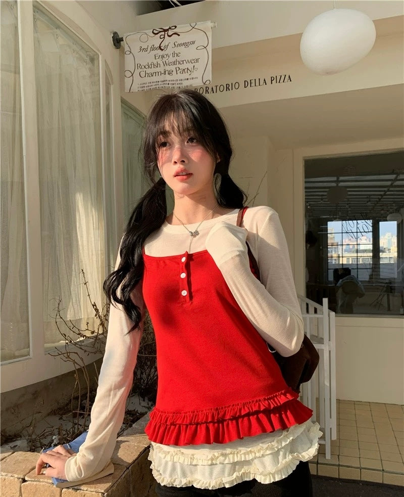 Red Top + Inner Long Sleeve Top