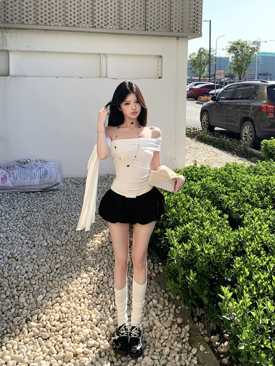 White Side Off Shoulder Sleeve Top