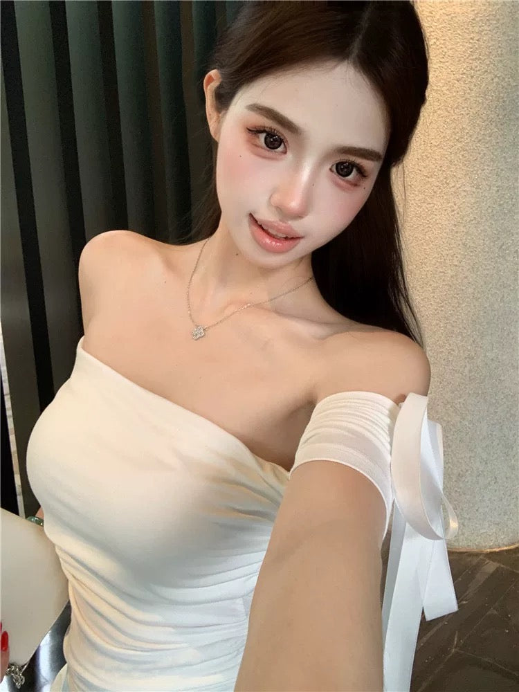 White Side Off Shoulder Sleeve Top