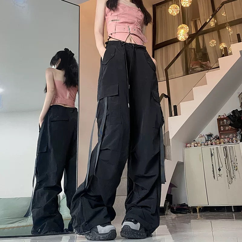 High Waist Strap Cargo Long Pants (Red, Black)