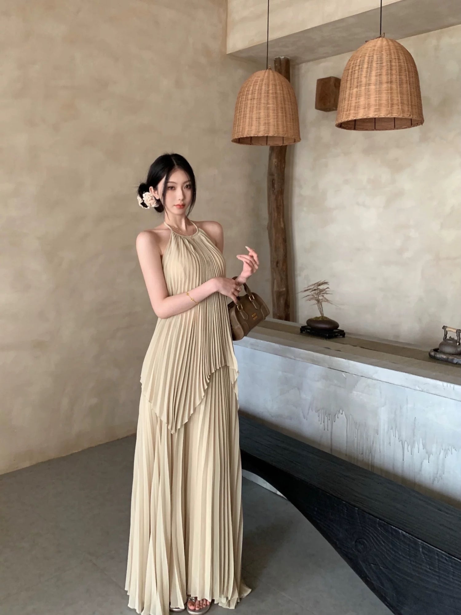 Khaki Chiffon Pleated Two Piece Set