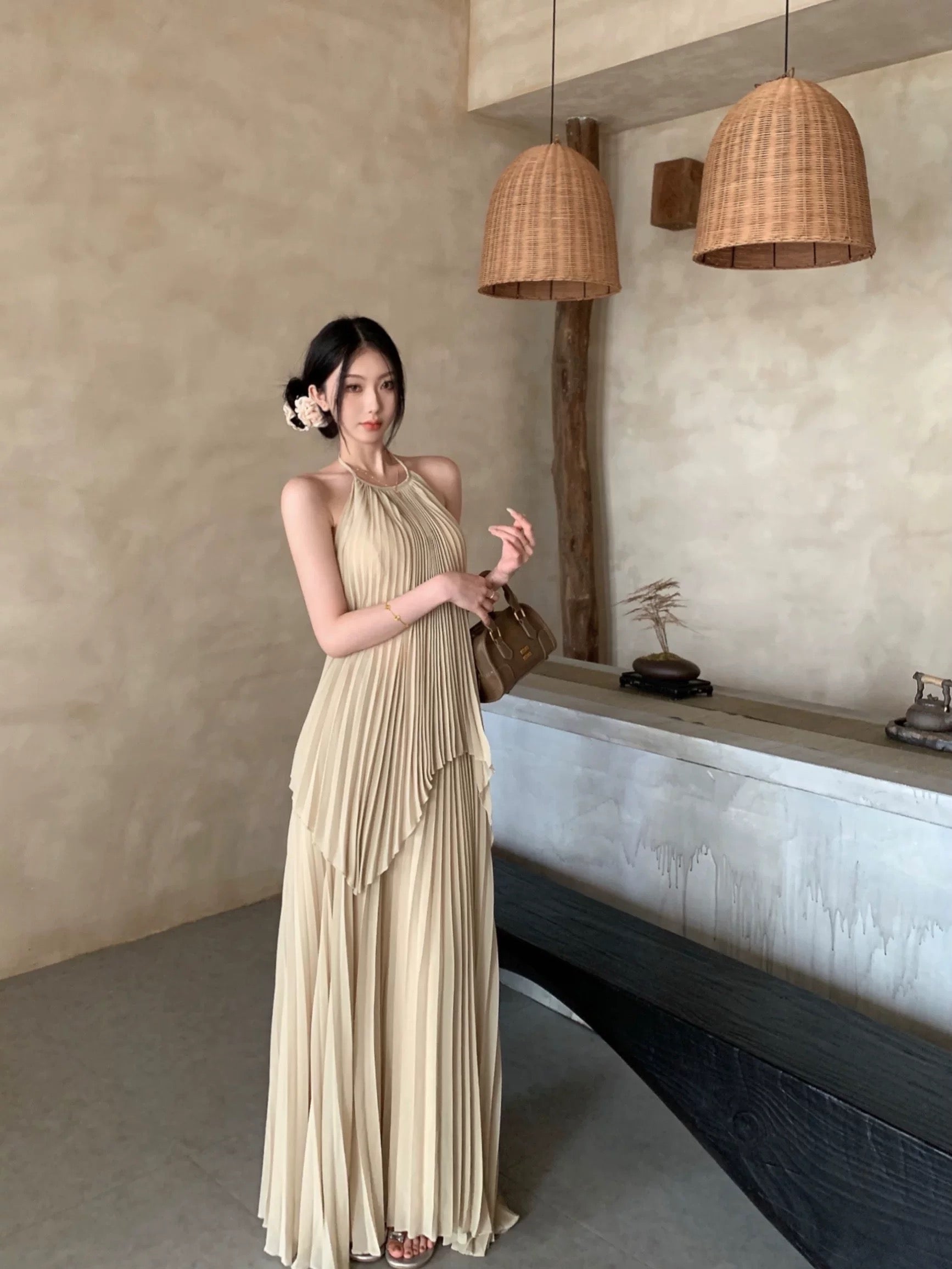 Khaki Chiffon Pleated Two Piece Set