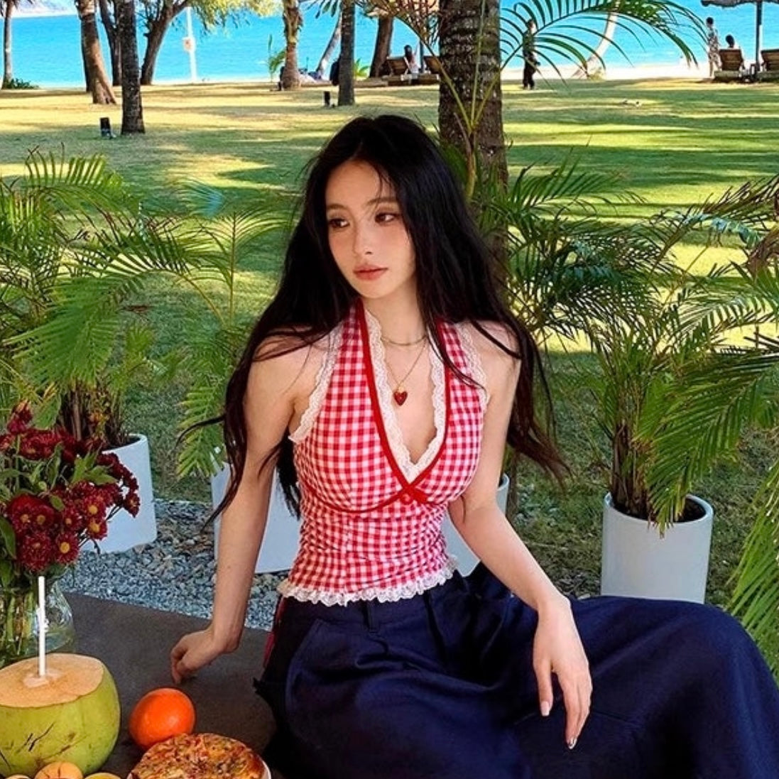 Round Lace V Collar Ginham Top With Pad 胸垫 (Yellow, Red)