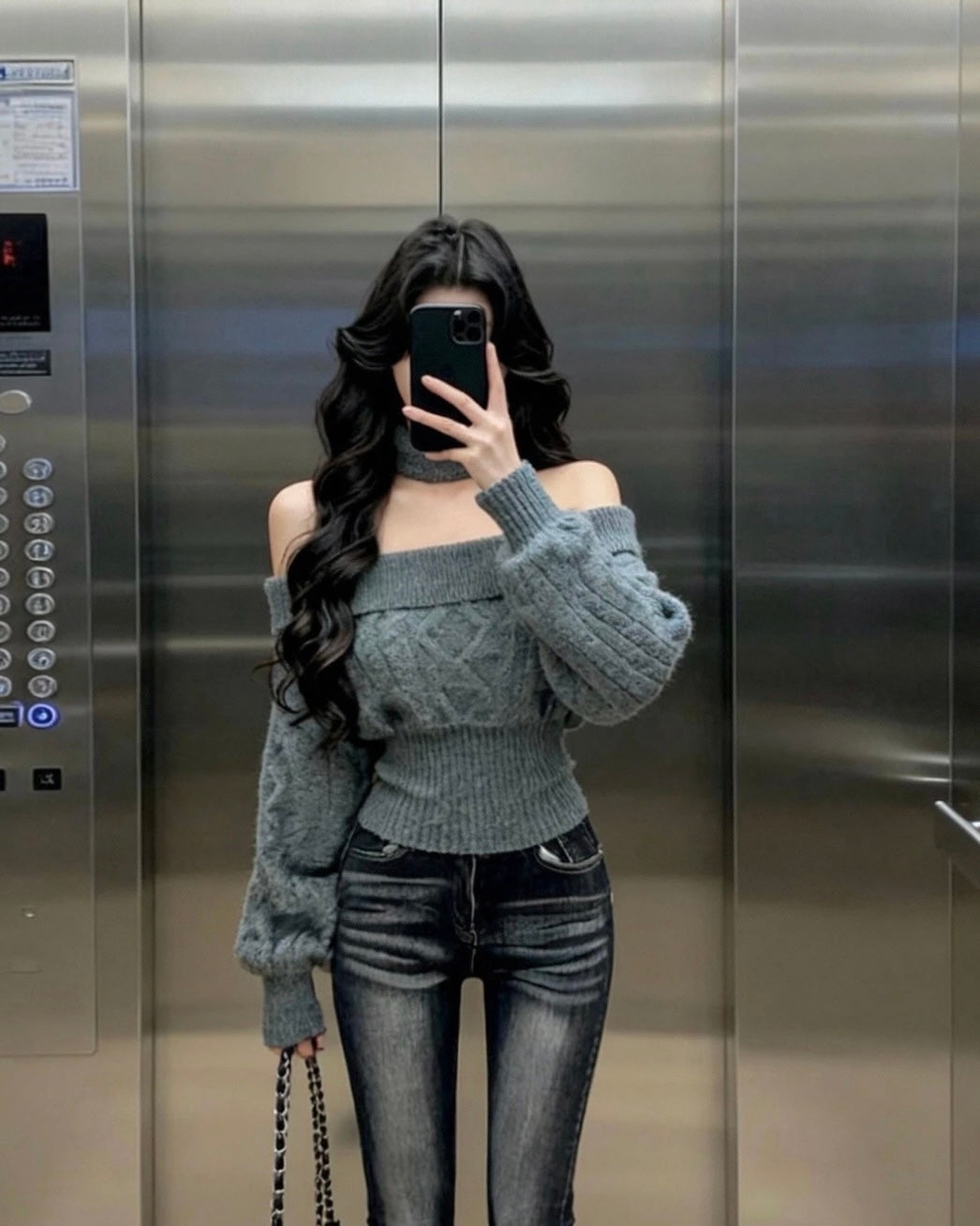 Multi Wear Off Shoulder Long Sleeve Crop Knitted Top With Collar