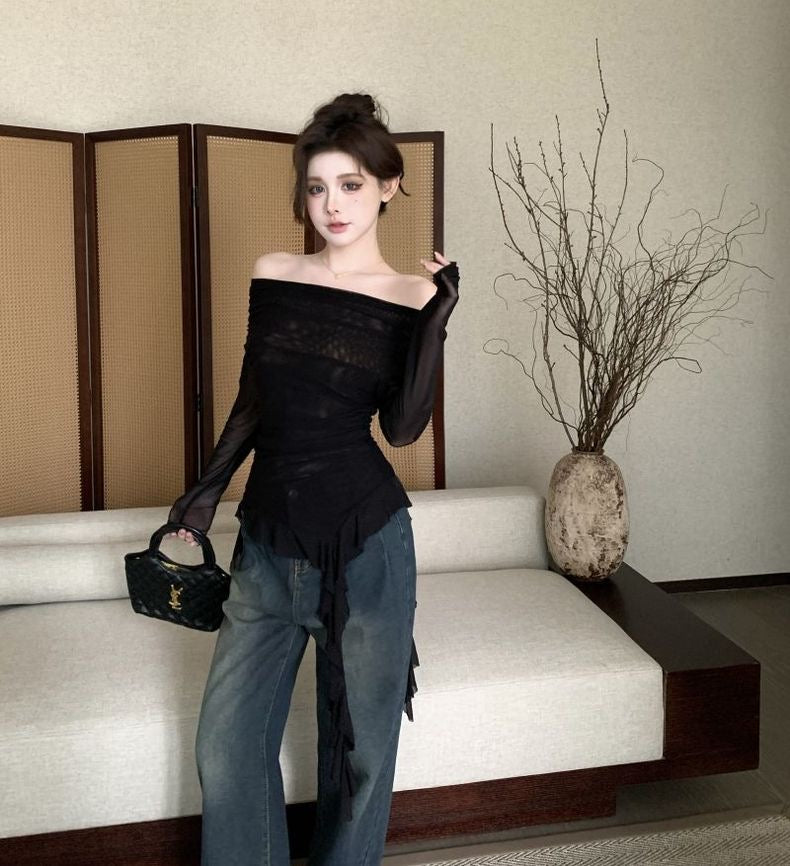 Off Shoulder Long Sleeve Brown Mesh Top