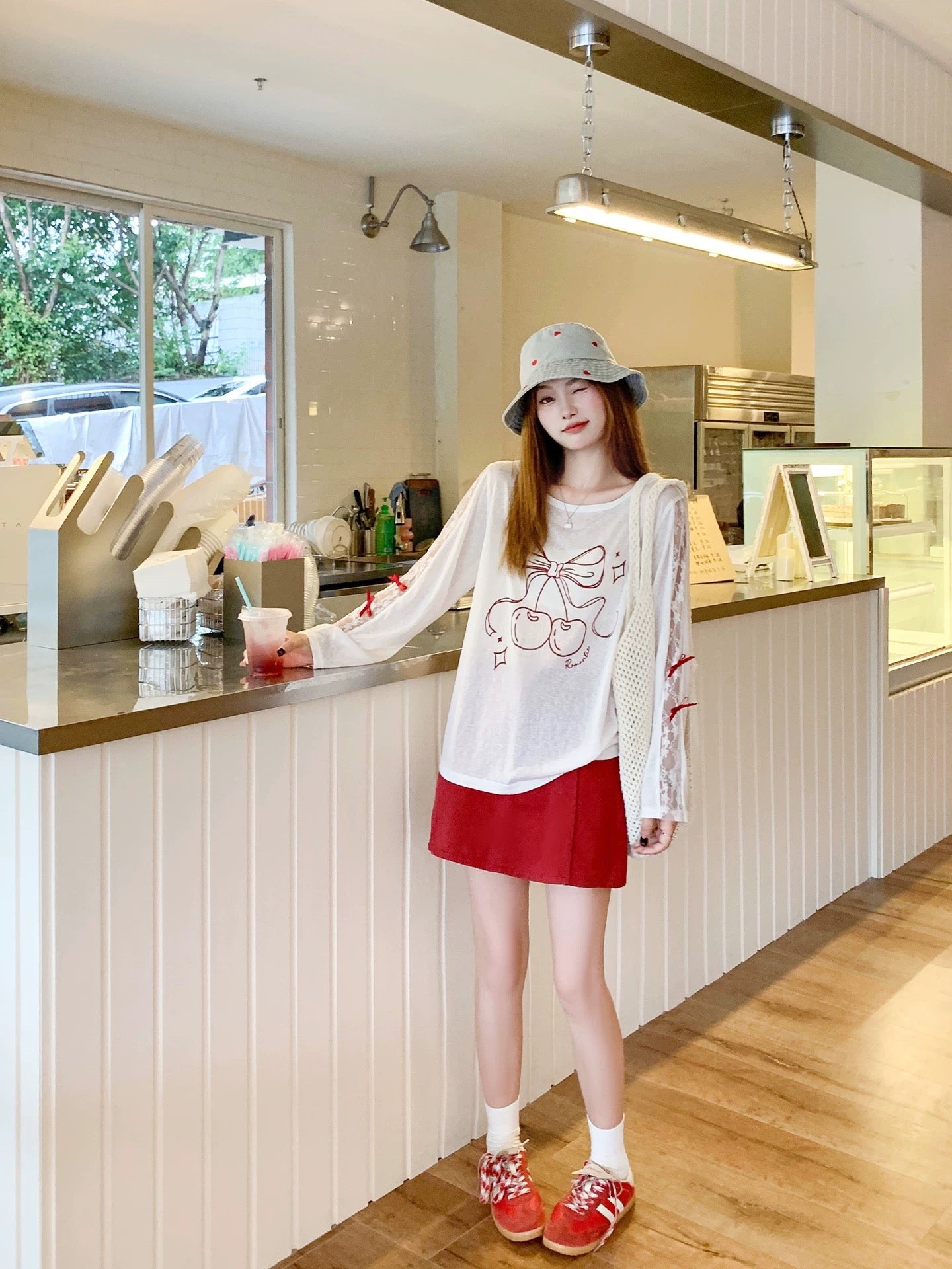 Red Ribbon White Long Sleeve Top