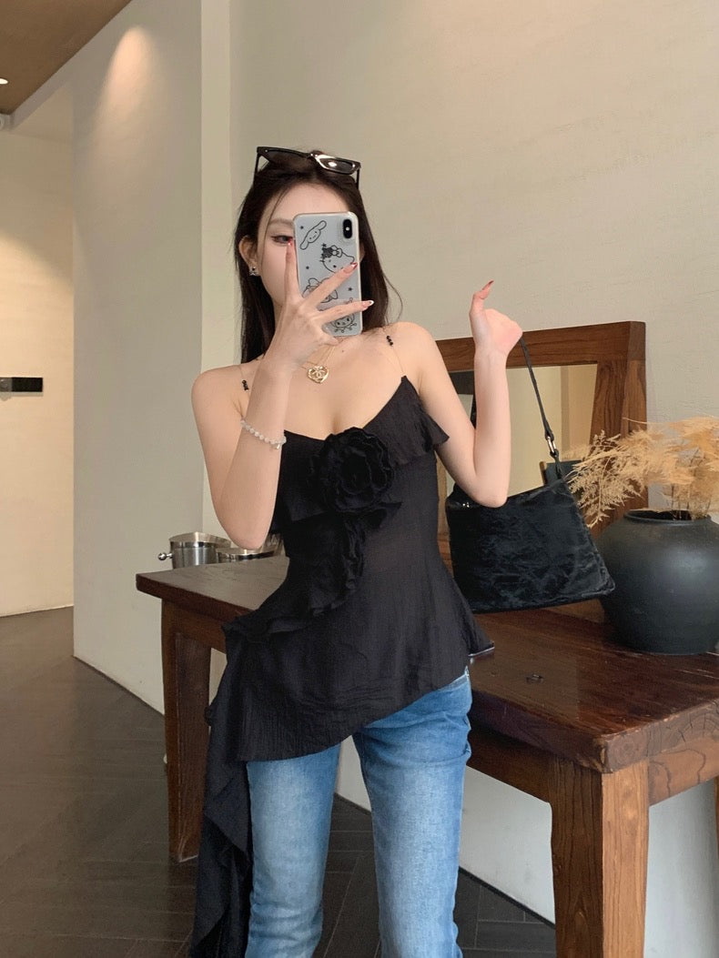 Summer Unequal Black Floral Strap Top
