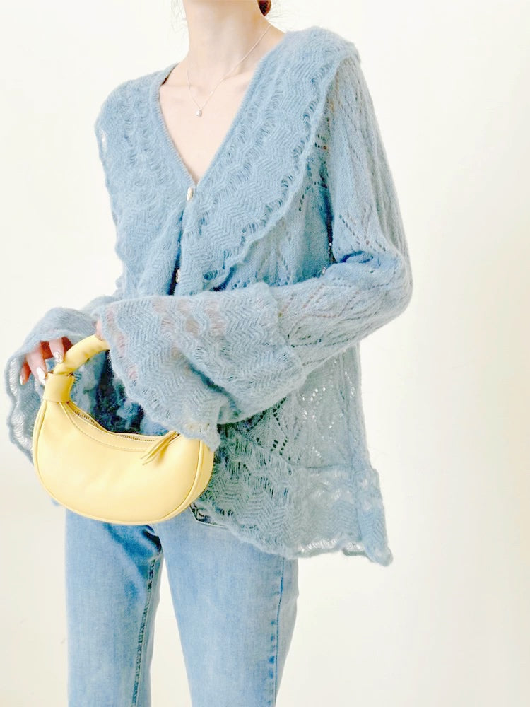 Blue Long Sleeve Knitted Top Outerwear
