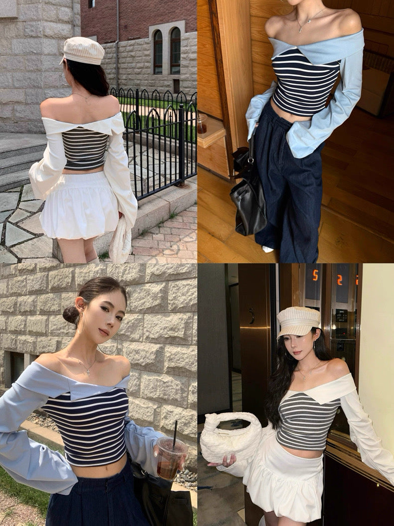 Stripe Long Sleeve Off Shoulder Top
