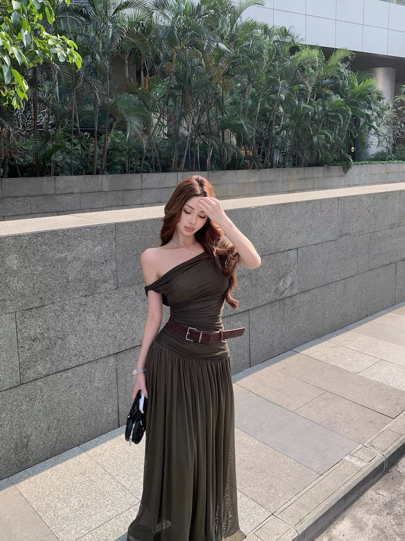 Off Shoulder Mesh Long Dress With Belt