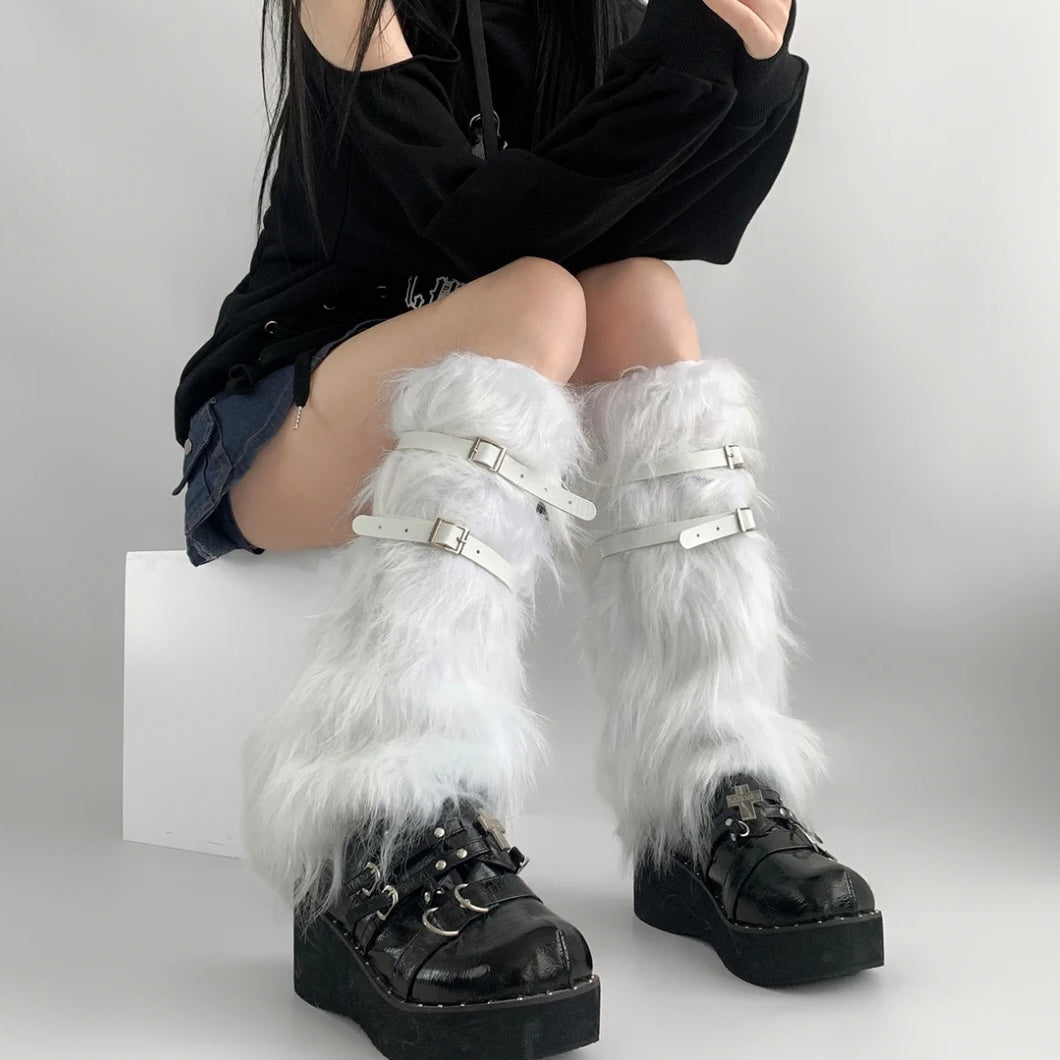 S016 Furry Long Socks With Belts